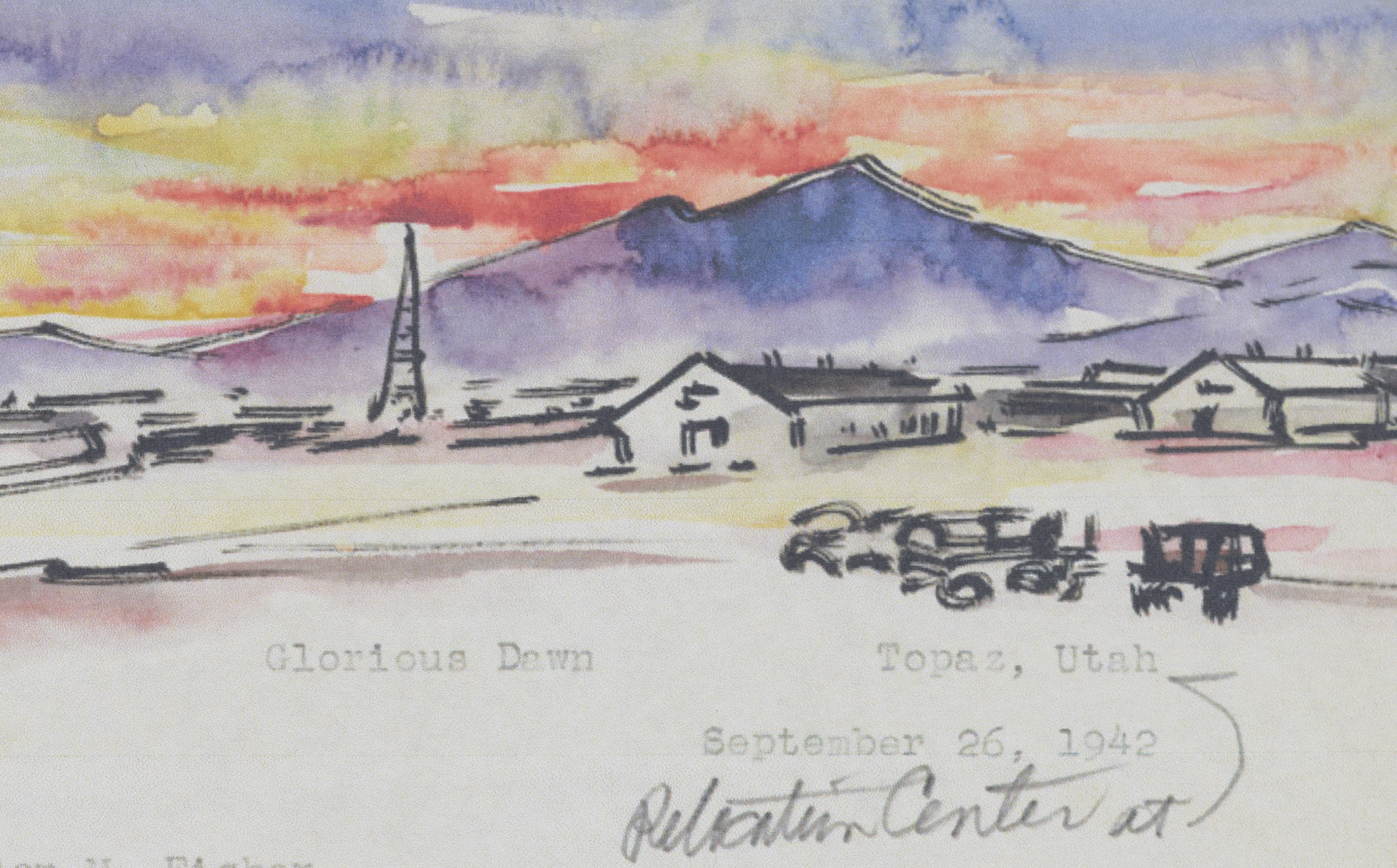 Detail of a typewritten letter with a black ink and watercolor sketch of a sunrise in purple, yellow, orange, and red behind bluish-purple mountains. In the foreground of the sketch are buildings and trucks of an incarceration camp.