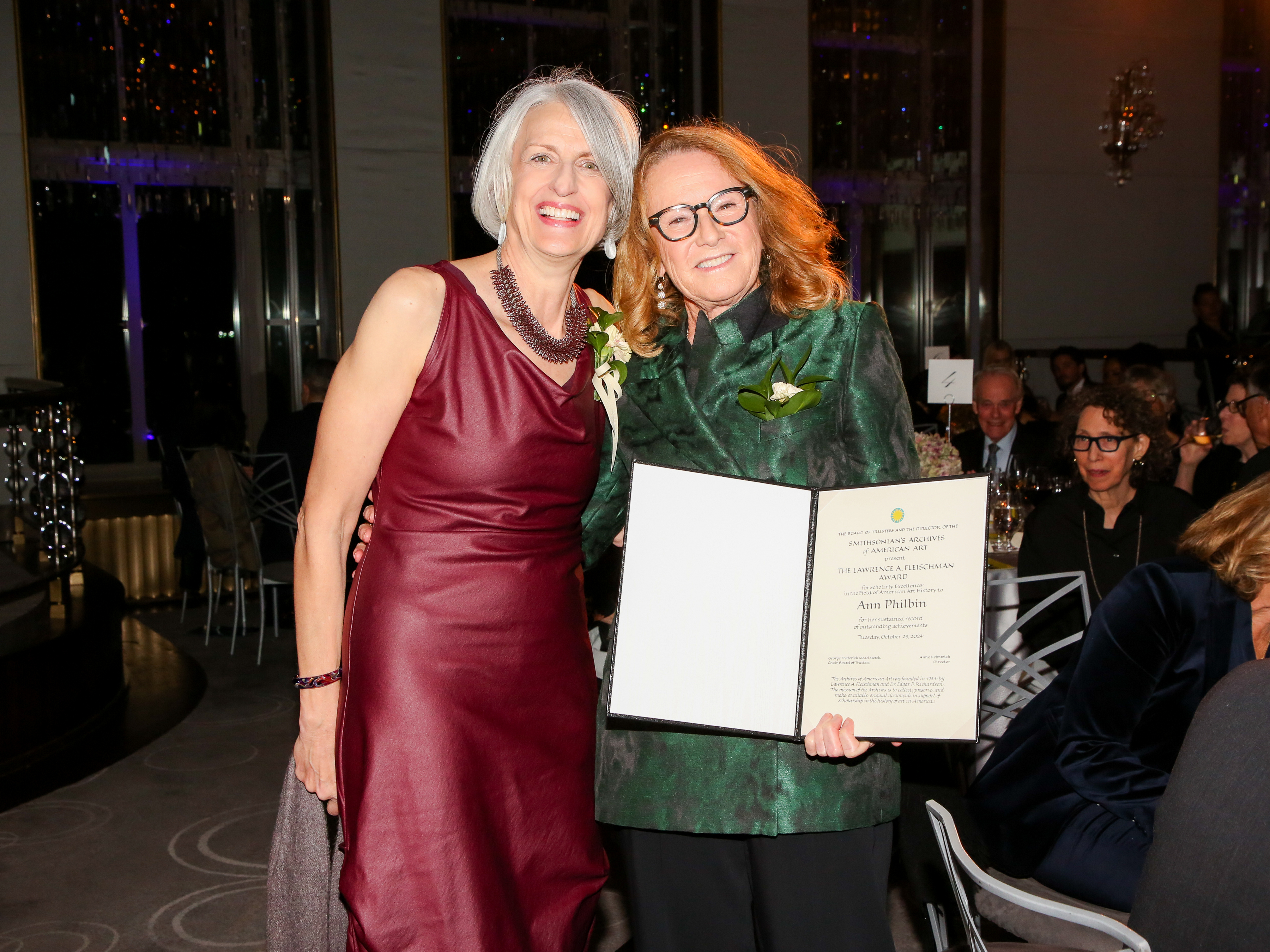 Director Anne Helmreich and honoree Ann Philbin posing for a photograph after Ann's acceptance of the Lawrence A. Fleischman Award for Scholarly Excellence in the Field of American Art History.