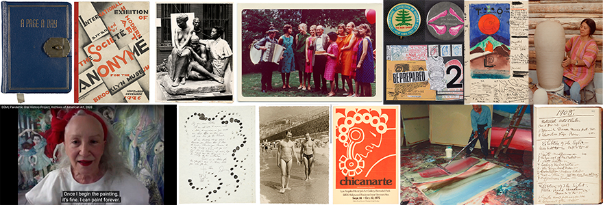 A selection of color and grayscale thumbnail images from the collections of the Archives of American, which includes photographs, letters, printed material, and artefacts. TOP ROW: Katharine Lane Weems papers, 1865-1989; John Henry Bradley Storrs papers, 1790-2007; Federal Art Project, Photographic Division collection, circa 1920-1965; Marcel Breuer papers, 1920-1986; (top left) Walt Kuhn Family papers and Armory Show records, 1859-1984; (top right) Woman's Building records, 1970-1992; (bottom) John Held papers relating to mail art, 1947-2018; Oscar Bluemner papers, 1886-1939; Toshiko Takaezu papers, circa 1925-circa 2010 BOTTOM ROW: Oral history interview with DEMI, 2020; Esther McCoy papers, circa 1876-1990; Jock Truman papers, 1852-2011; Tomás Ybarra-Frausto research material on Chicano art, 1965-2004; Ed Clark papers, 1923-2017; Everett Shinn collection, 1877-1958, all Archives of American Art, Smithsonian Institution.