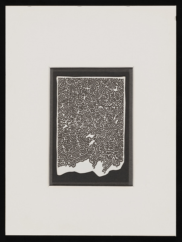 Untitled lithograph mounted with mat by Bruce Conner. Features abstract black and white design.