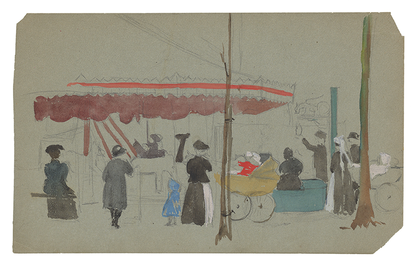 Unfinished watercolor and pencil sketch on gray paper showing a scene outside of a carousel in a park. There are two trees in the foreground; several adult figures (mainly women) dressed in black, two with aprons; a small child wearing a blue coat and bonnet, a baby in a yellow buggy with a pink hat and read cot, and a baby in a pink bonnet and coat in another buggy. Two animals on the carousel are possibly a tiger and an elephant.