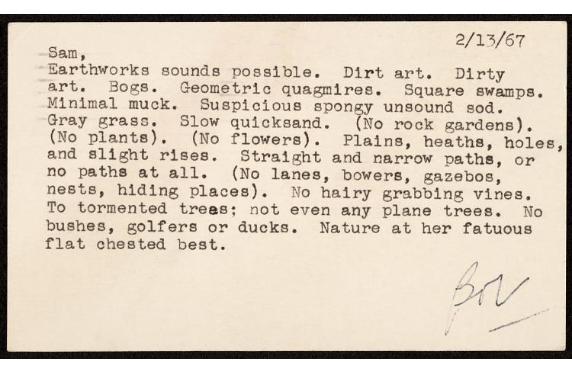 Sculptor Robert Morris postcard to Samuel J. Wagstaff indicating an interest in earthworks and a list of nature imagery.
