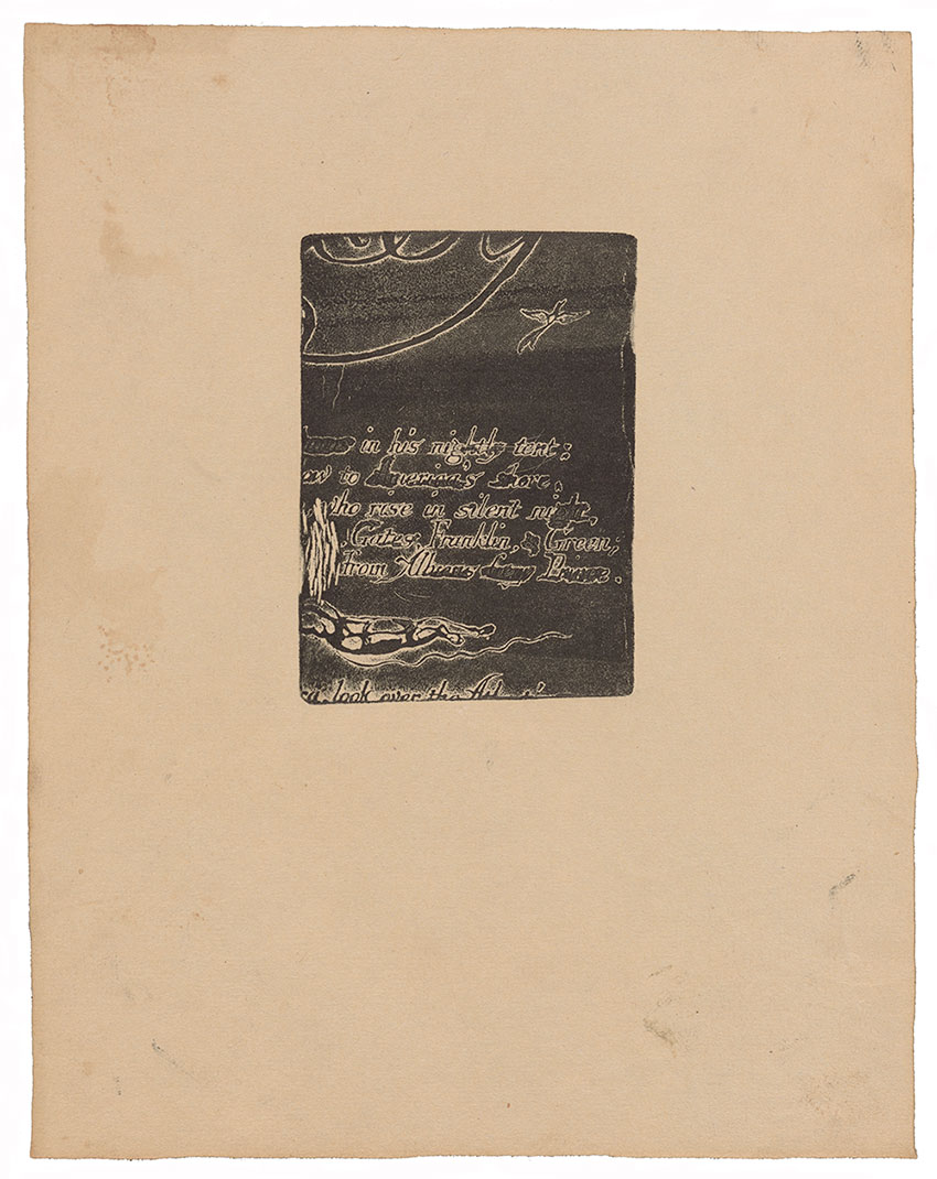 Print from plate designed by William Blake, circa 1947. Fred Becker papers, 1913-2004, bulk 1940-2000. Archives of American Art, Smithsonian Institution. Black and white print sample made from a plate made by William Blake