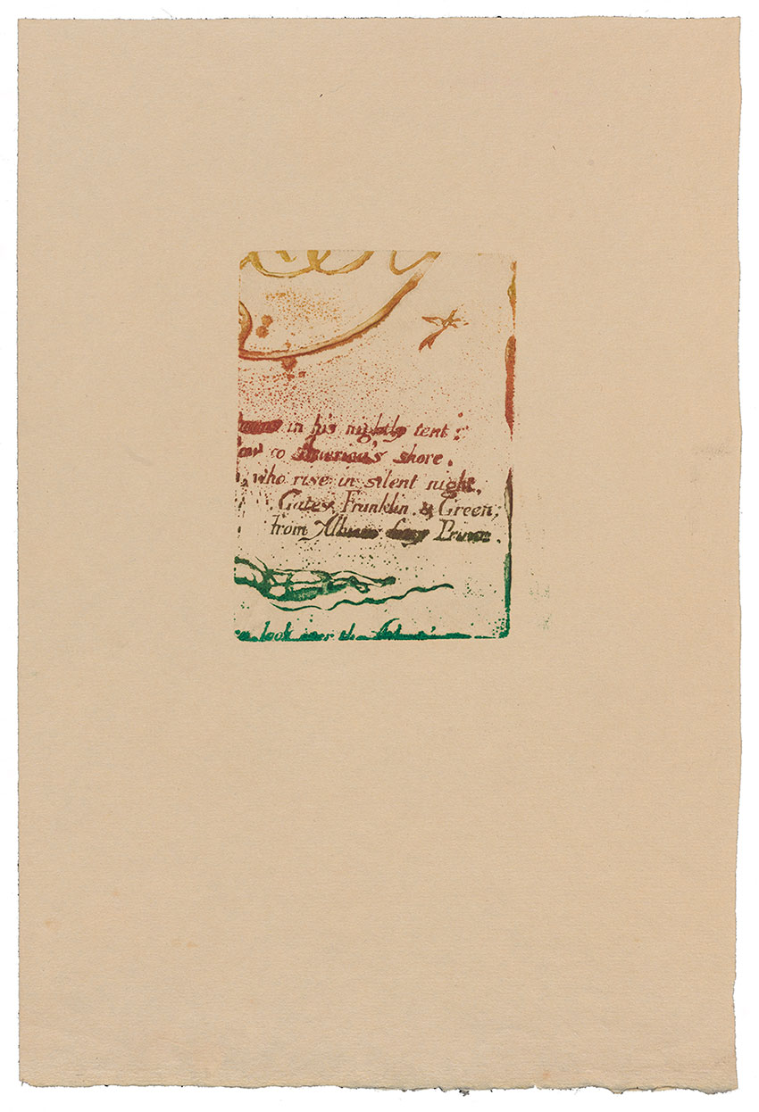 Print from plate designed by William Blake, circa 1947. Fred Becker papers, 1913-2004, bulk 1940-2000. Archives of American Art, Smithsonian Institution. Color print sample made from a plate made by William Blake