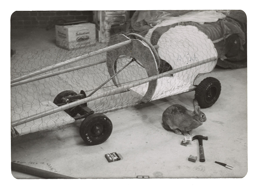 Photograph of in progress Tongue-tied Artists' Soap Box Derby car by Eleanor Dickinson, 1975 / unidentified photographer. Eleanor Dickinson papers, 1951-2003. Archives of American Art, Smithsonian Institution. Image of Eleanor Dickinson's Artists' Soap Box Derby Car in progress