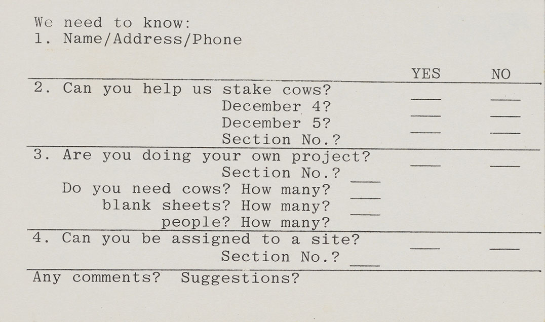 Mel Henderson, San Francisco, California postcard to Eleanor Dickinson, San Francisco, California, Not after 5 December 1976. Eleanor Dickinson papers, 1951-2003. Archives of American Art, Smithsonian Institution. Postcard with survey sent to Celebration of Wonder participants