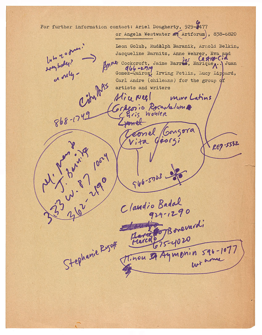 Artists recreate destroyed Chilean as protest against military repression, not after 1973 October 20. Lucy R. Lippard papers, 1930s-2010, bulk 1960s-1990. Archives of American Art, Smithsonian Institution. Page 2 of a draft press release for an artist action to recreate a mural in protest of the 1973 Chilean coup