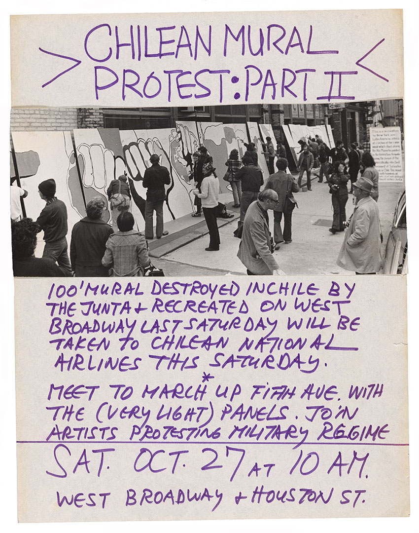 Flyer for Chilean mural protest: part II, not after 1973 October 27. Lucy R. Lippard papers, 1930s-2010, bulk 1960s-1990. Archives of American Art, Smithsonian Institution. Poster for the second part of a protest against the 1973 Chilean coup