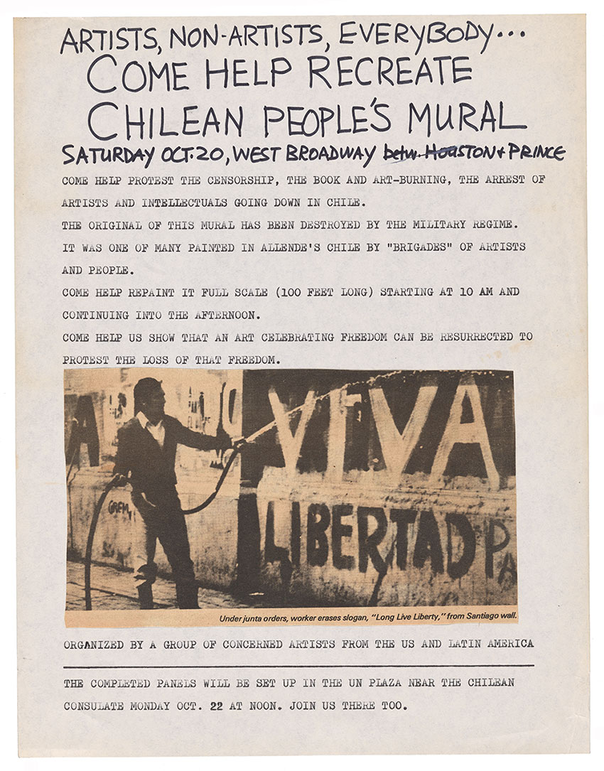 Flyer for recreation of Brigada Ramona Parra mural, not after 1973 October 20. Lucy R. Lippard papers, 1930s-2010, bulk 1960s-1990. Archives of American Art, Smithsonian Institution. Poster for protest against the Chilean coup, by means of recreating a mural