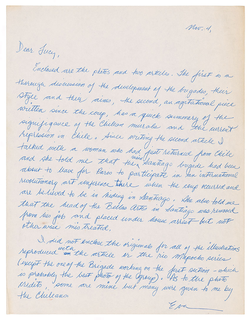 Eva Cockcroft letter to Lucy R. Lippard, 1973 November 4. Lucy R. Lippard papers, 1930s-2010, bulk 1960s-1990. Archives of American Art, Smithsonian Institution. Letter received by Lucy Lippard from Eva Cockcroft, November 4, 1973