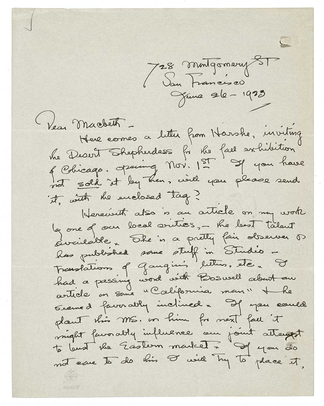 Page 1 of letter from Maynard Dixon to William Macbeth