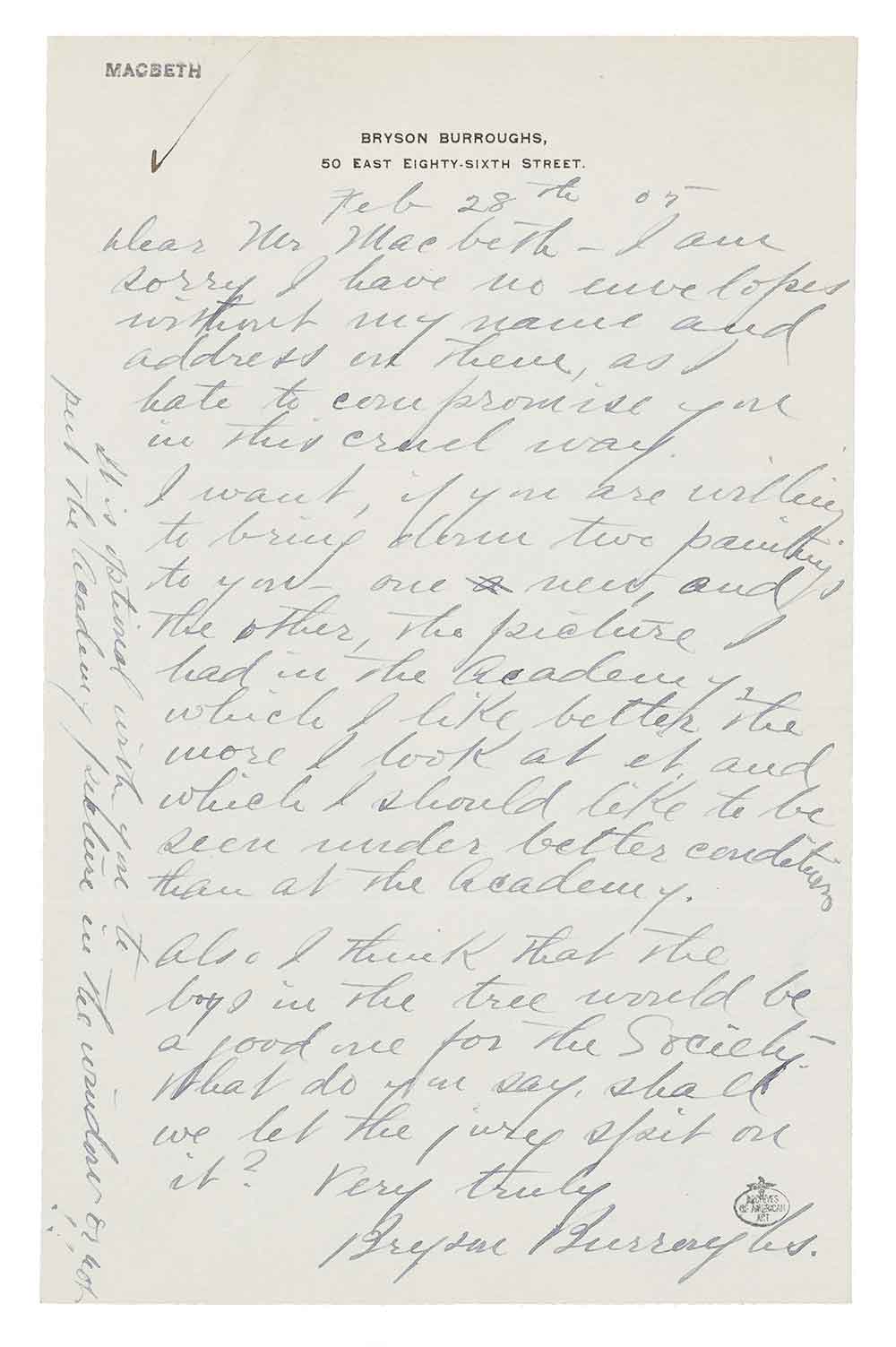 Letter received by William Macbeth from Bryson Burroughs