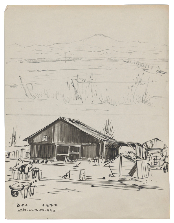 Ink sketch by Chiura Obata of a building and truck from the Central Utah Relocation Center internment camp in Topaz, Utah where he was incarcerated.