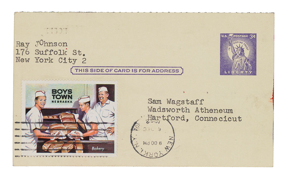 Ray Johnson mail art to Samuel J. Wagstaff, 1962. Samuel Wagstaff papers, 1932-1985. Archives of American Art, Smithsonian Institution. Verso of Ray Johnson mail art received by Samuel Wagstaff