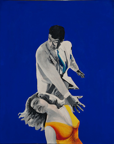 Painting by Rosalyn Drexler depicting a woman being hit by a man with a blue background surrounding them