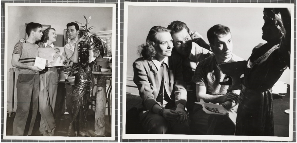 Two black and white photographs side by side of two men and a woman gathering around a statue