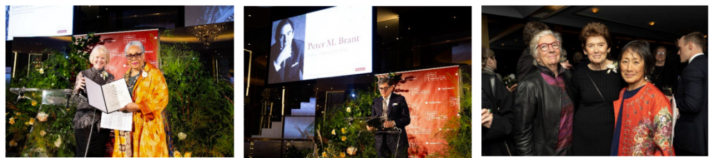 Three photos side by side of the honorees (L to R): Lowery Stokes Sims accepting award from interim director Liza Kirwin, Peter M. Brant giving acceptance speech on stage, and Ursula von Rydingsvard (center) with artists Judy Pfaff (left) and Billie Tsien (right)