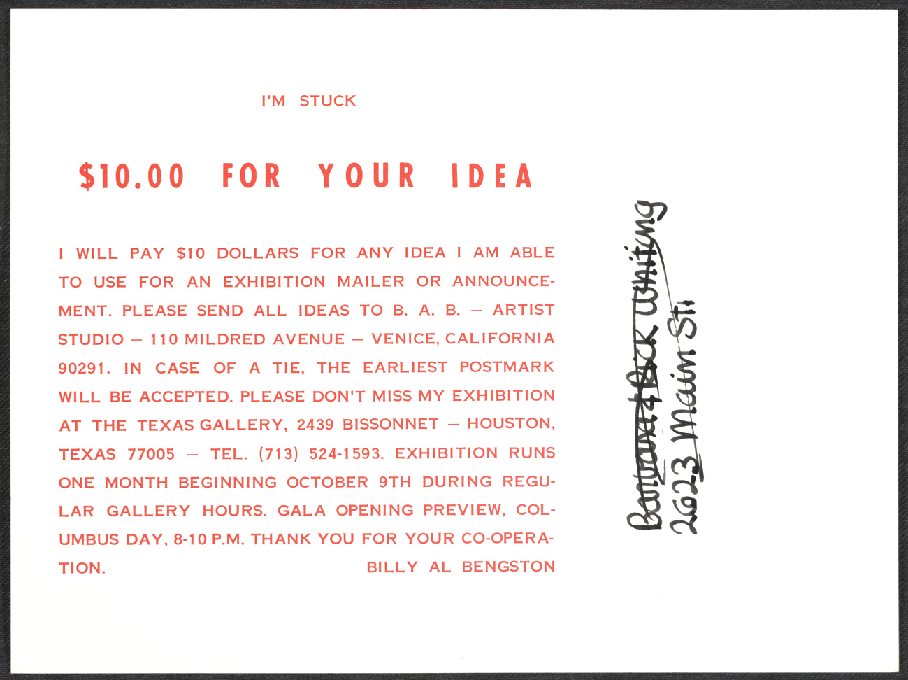 Billy Al Bengston mail art to unidentified recipients