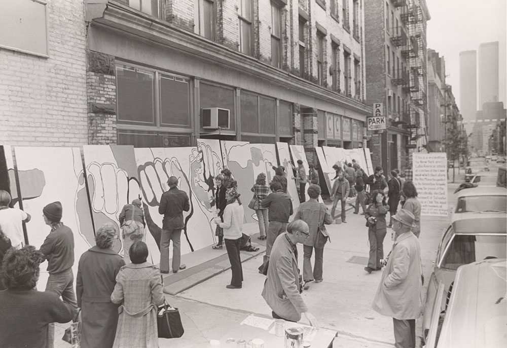 Photograph of recreation of Brigada Ramona Parra mural in New York, 1973 October 20 / Alfonso Barrios, photographer. Lucy R. Lippard papers, 1930s-2010, bulk 1960s-1990. Archives of American Art, Smithsonian Institution. Photograph of a protest against the 1973 Chilean coup where Brigada Ramona Parra mural was recreated