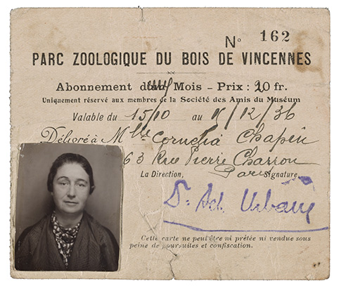 Membership card for a Paris zoo belonging to artist Cornelia Chapin