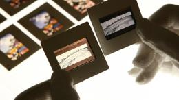 Closeup of two hands holding microfilm