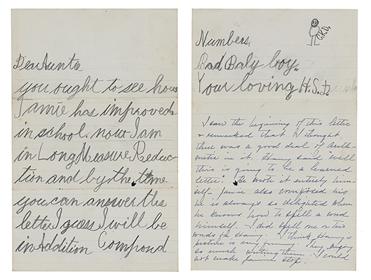 Letter with a drawing of a baby written in pencil and cursive text by a child with a note written in blue ink by an adult.