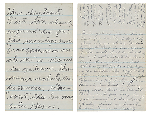 Letter in French written in pencil and cursive text by a child with an addition in ink with cursive text written by an adult.