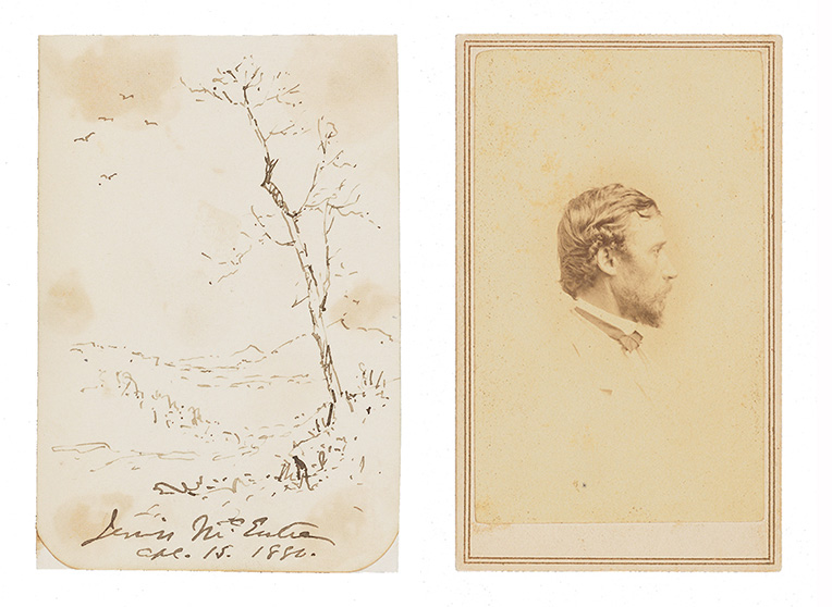 Sketch by Jervis McEntee of birds in flight and a tree, side-by-side with a studio photograph of Sanford Robinson Gifford