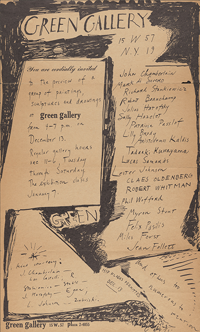 Printed flyer in black ink on brown paper. The flyer is an invitation for an exhibition at Green  Gallery with all of the information handwritten, except for green gallery 15 W. 57 Plaza 2-4055, which is printed at the bottom. The background is colored in. 