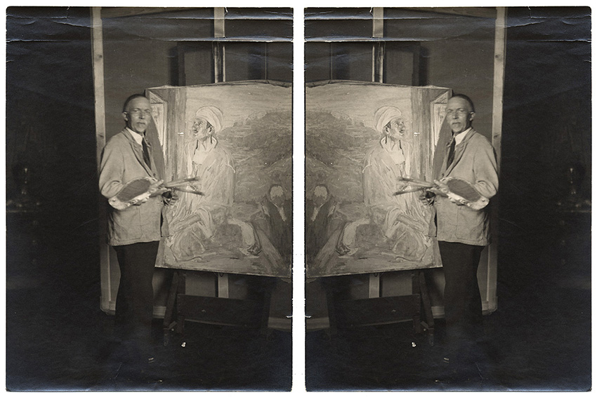 Photograph of Henry Tanner at an easel with the same image in reverse