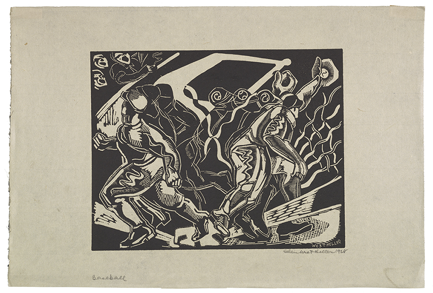Print on paper with black ink of a baseball game with a crowd in the stands in the upper left, a repeated figure to imply running, and a repeated figure implying the motion of catching a ball in a glove. 