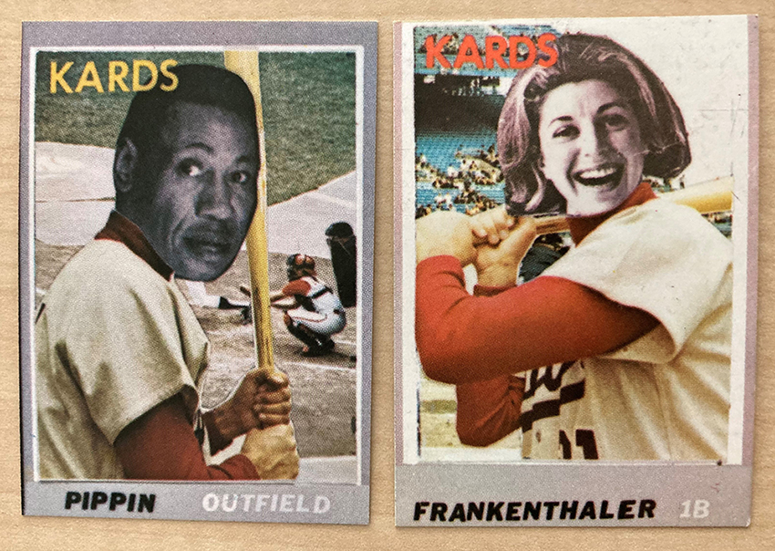 Baseball cards mocked up with the faces of artists Horace Pippin and Helen Frankenthaler. Pippin’s card reads, KARDS PIPPIN OUTFIELD. Frankenthaler’s card reads KARDS FRANKENTHALER 1B.