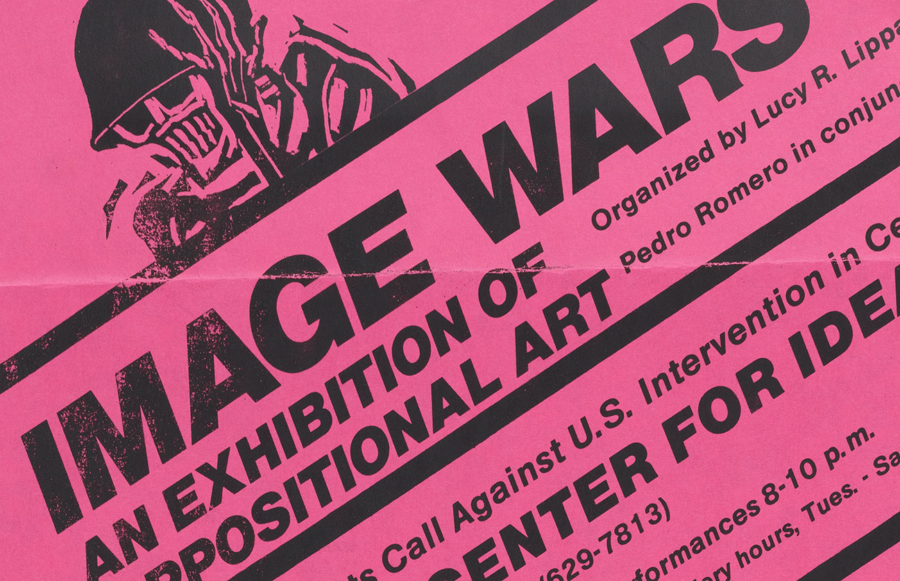 Detail of a flyer announcing an exhibition with black text on a red background and graphic of a skeleton wearing an army helmet.