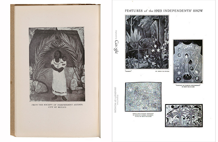 Images of a page from the Society of Independent Artists 1923 catalog showing The Family of the Communist by Diego Rivera and a scan of Vol. 76 of The International Studio with an image of Garden by Diego Rivera