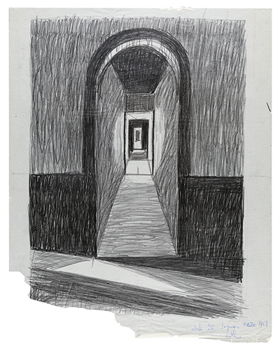 Black and white pencil sketch of a long hallway by Emilio Sanchez