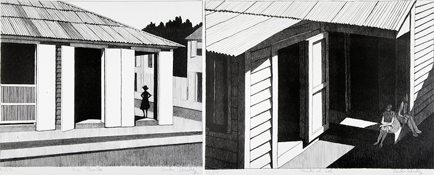 Two black and white prints of houses, one with a figure standing in a doorway, the other with two figures sitting on a porch.