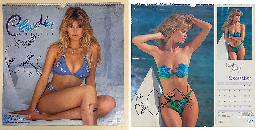 LEFT: Calendar cover with Claudia Schiffer posing in a blue bikini with white butterflies against a light-colored fabric background. Turquoise and blue text reads, “Claudia Schiffer 16 month 1995 calendar photographed by Gilles Bensimon.” It is signed in cursive by Schiffer “to 4Walls Love, Claudia Schiffer.” There are ink or paint smudges on the page. RIGHT: A photograph of Schiffer with her arms behind her head, standing in front of a white pyramid by a large body of water, wearing a blue and green bikini takes up half of a calendar page. There is a small calendar on the bottom right for the month of December 1995 and a small photograph in the same bikini and location inset on the top right, just above her printed signature. Schiffer has signed it in cursive using a sharpie, “to Colin, Claudia Schiffer.”