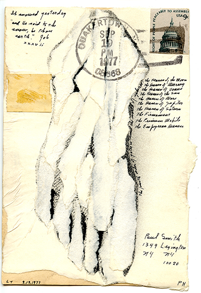 Postcard with a foot collaged with torn pieces of papers, and writing in black ink. There is  a postmark of September 19, 1977 from Quakertown, New York, and a cancelled stamp with an image of the capital building that says RIGHT OF THE PEOPLE TO PEACABLY ASSEMBLE.