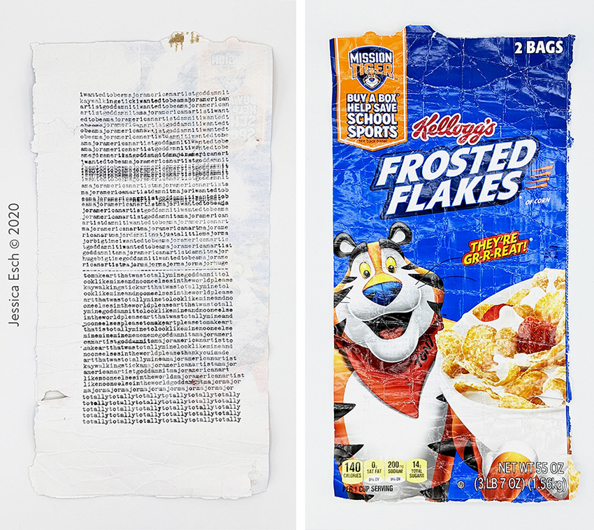 Front of artwork made from typewritten text next to image of the back with orange cartoon tiger and text on a blue background