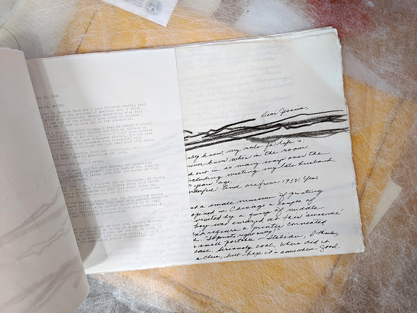 Handmade artists book consisting of drawing and a handwritten letter interleaved with typed correspondence.