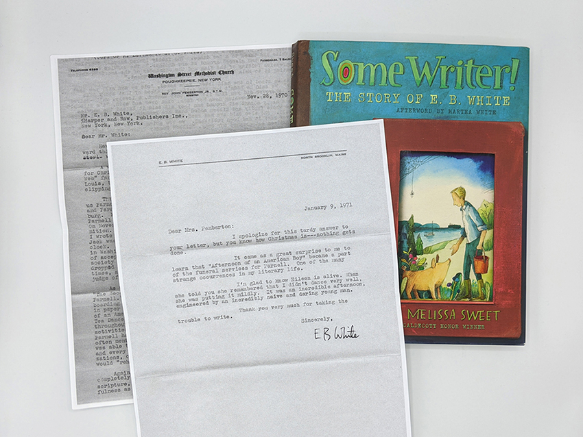 Photocopies of two typed letters and a book in a fan arrangement.