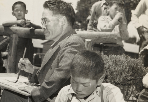 Photograph of Chiura Obata leading an art class (detail).