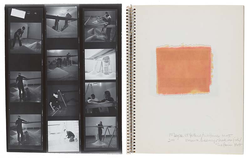 Image on left: Grayscale photographic contact sheet with images of Connie Zehr and assistants constructing a work of art. Image on right: Page from a wire-bound sketchbook with a sample square of liquid polyester and notes made in pencil.