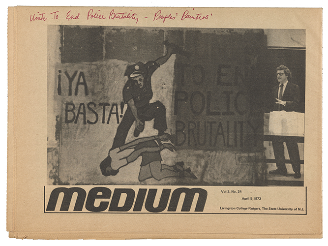 Yellowed copy of a small newspaper with a grayscale photograph of a man speaking next to a mural showing a policeman beating a woman. Large text at the bottom reads Medium and there is a handwritten note in red ink. 