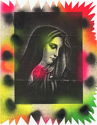 Xeroxed image of the Virgin Mary spray painted in neon yellow, green, orange, pink, and black.