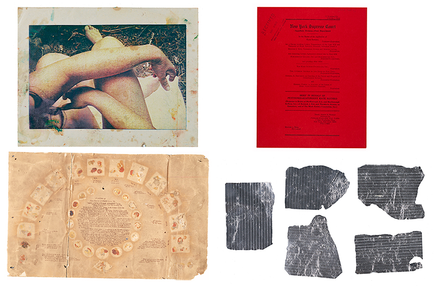 Composite image of four archival items: a photograph of a woman with her arms and legs crossed over each other, a red document with black text, a document with mineral samples and handwritten notations in ink, and a grayscale image of foil rubbings of a carpet. 