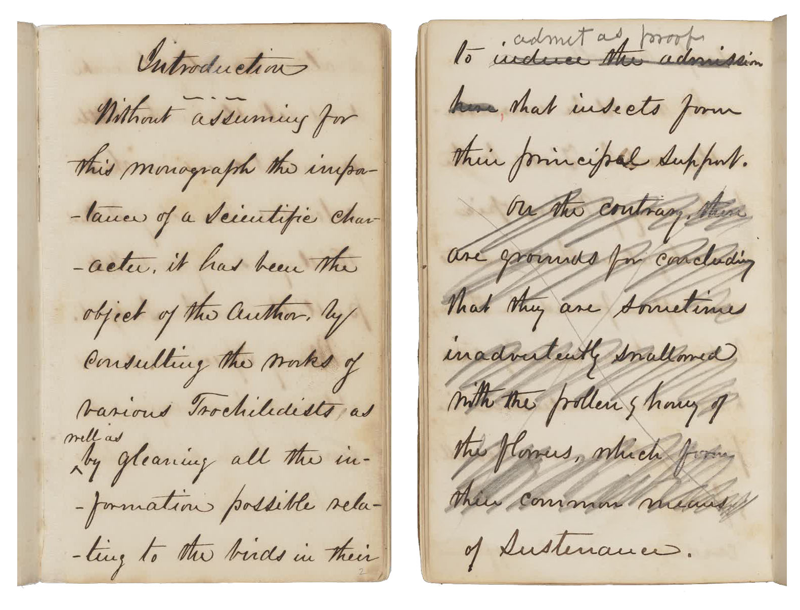 Two pages of handwritten cursive in black ink, one with pencil markings crossing out portions of the text