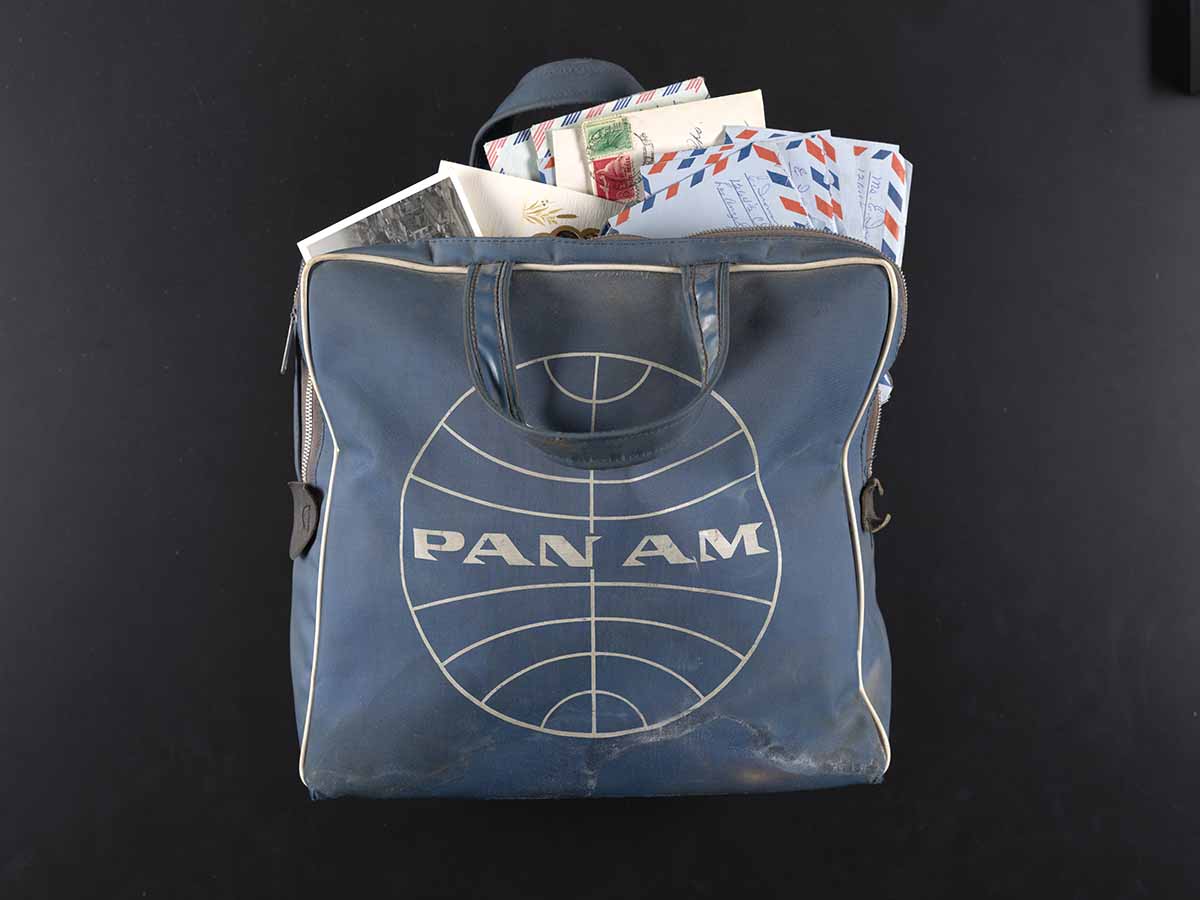 Photograph of correspondence in Pan Am bag from the Senga Nengudi papers.