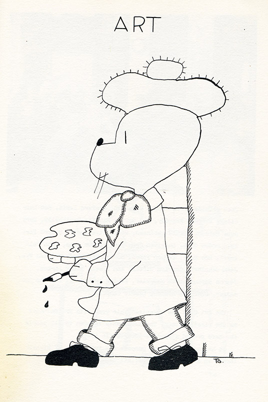 Illustration published in Stolp School yearbook for 1937, created by member of the 8th grade graduating class “Ted” (Edward) Gorey. Wilmette Historical Museum, Wilmette, Illinois