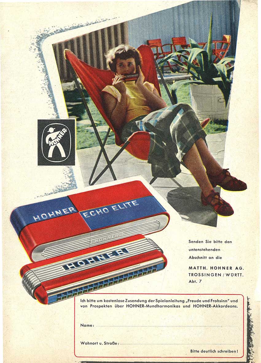 German advertisement for Echo Elite harmonica.
